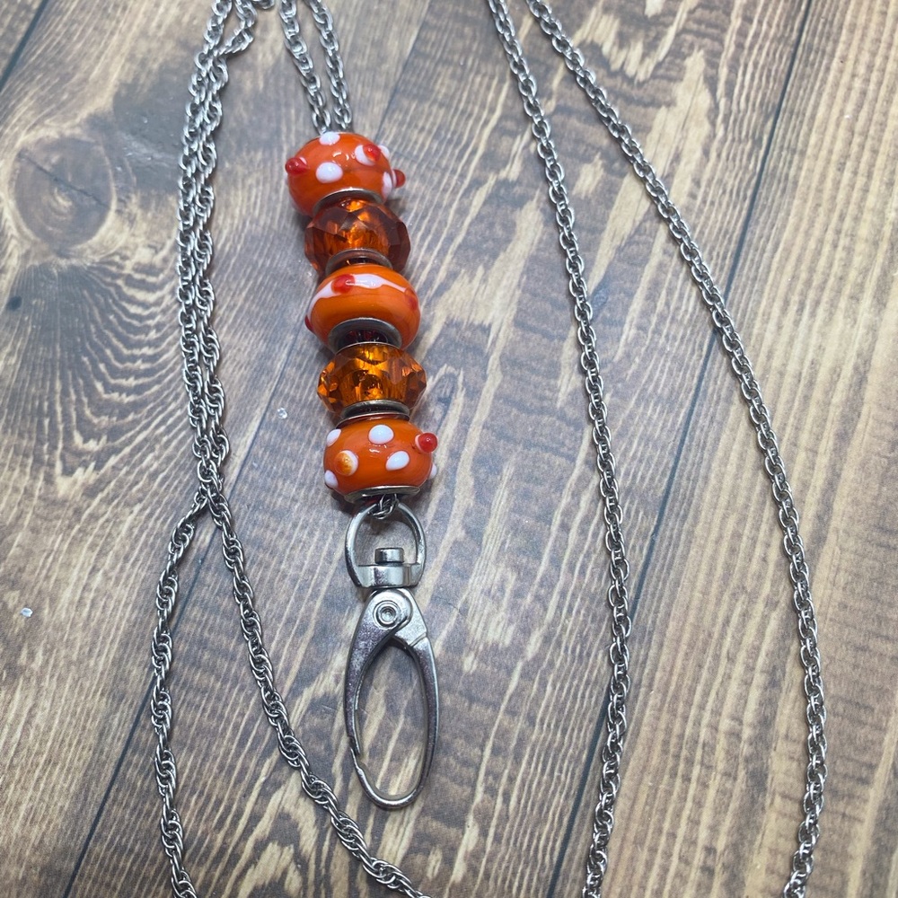 Gorgeous orange color artisan glass beaded clip holder silver tone long necklace